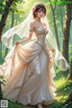 A woman in a wedding dress standing in the woods.