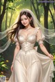 A woman in a wedding dress standing in the woods.