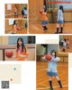 A woman in a school uniform holding a basketball.