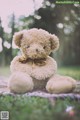 A teddy bear sitting on a blanket in the grass.